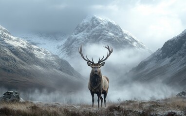 A deer stands in a snowy field with mountains in the background. Concept of solitude and tranquility, as the deer is the only living creature in the scene