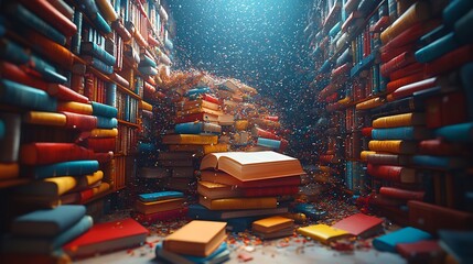 Wall Mural - delightful 3d illustration celebrating world book day highlighting a magical bookshelf overflowing w