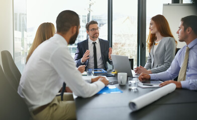 Fototapete - Manager, talking or corporate business people in meeting with group for feedback, discussion or teamwork. Financial, review or professional colleagues speaking of news, advice and planning online