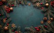 © olegganko - Festive holiday decor with pine branches, ornaments, and holly berries on a dark green background