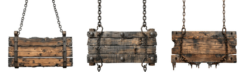 Three rustic wooden signs hanging from chains, showcasing different textures and weathered appearances.