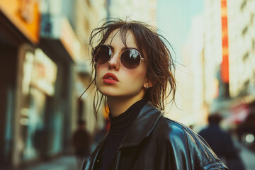 Wall Mural - A woman with wet hair and sunglasses is standing on a city street