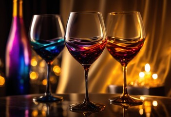 close view elegant wine glasses capturing dazzling colorful liquid swirls creating aesthetic visual appeal, beverage, design, detail, vibrant, tasting