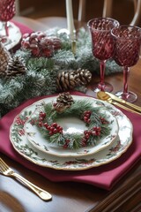 Poster - Elegant holiday table setting with red decorations and greenery for a festive gathering