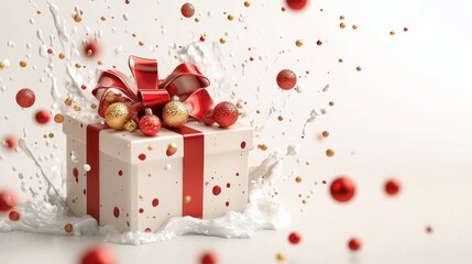 Wall Mural - Festive gift box adorned with red ribbon and golden decorations on a white background