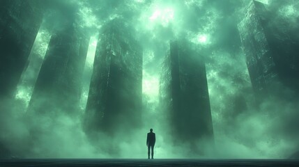 Canvas Print - A man stands in front of a tall building in a foggy, misty environment