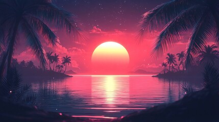 Palm background 80 s, 90 s style. Landscape of sunset