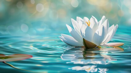 Canvas Print - A single white water lily with delicate petals floats on a still pond with gentle ripples, reflecting the bright blue sky and soft light.