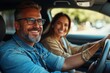 © Raool - Car renting, leasing concept. Cheerful spouses test driving new auto together, shot from vehicle dashboard. Car trip, Generative AI
