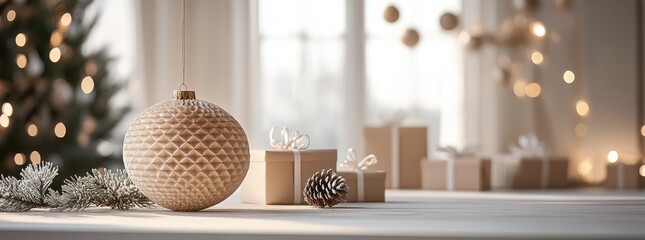 Festive winter decorations featuring an elegant ornament and wrapped gifts on a cozy table