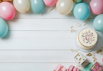 Colorful birthday celebration background with cake and balloons