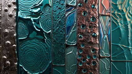 Sticker - Abstract teal and copper textured wall tiles.