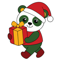 Sticker - Adorable Panda Holding Christmas Gift Box Vector.