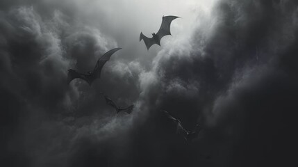 Wall Mural - flying bats and a view of a cloudy and lightning sky . seamless looping time-lapse virtual video Animation Background.