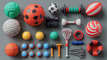 Assorted sports equipment including balls for football, basketball, and tennis