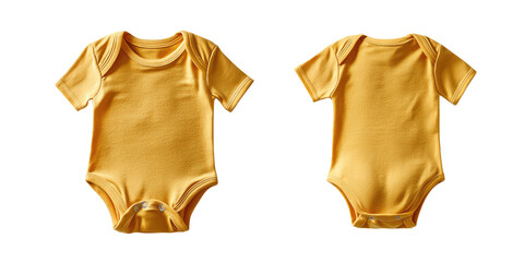 Yellow Infant baby Bodysuit romper playsuit jumpsuit creeper front and back view. Blank mockup design on transparent cutout background, PNG file. Mockup clipart template