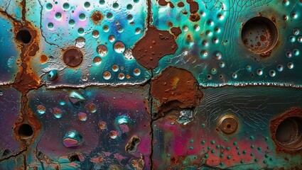 Canvas Print - Close-up of a rusted metal surface with an iridescent sheen.