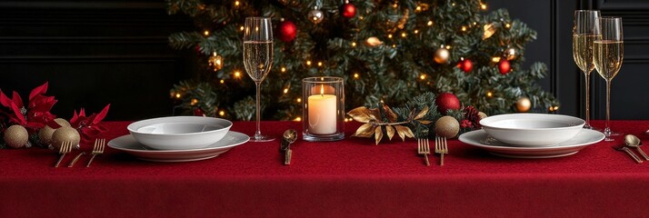 Poster - Festive Christmas dinner setting with elegant tableware, sparkling glasses, and holiday decorations