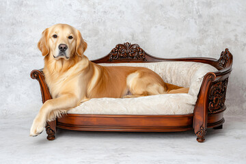 golden retriever lounging beside ornate mahogany dog bed, paw draped over edge