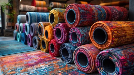 Colorful rolled rugs displayed in a shop, showcasing various patterns and textures.