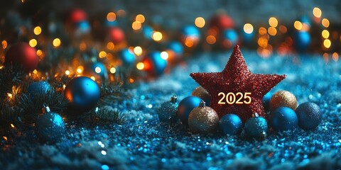 A festive and vibrant New Year celebration scene featuring illuminated lights, colorful ornaments, and a prominent red star with the year 2025 displayed