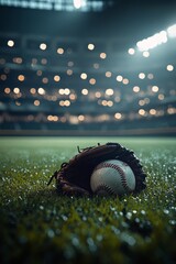 Wall Mural - Nighttime baseball setting with a glove, cap, and ball on the lush green grass