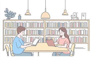 school library filled with rows of bookshelves, featuring two students reading at table. atmosphere is calm and focused, perfect for studying and learning