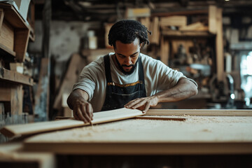 A man is working on a piece of wood in a workshop