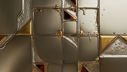 Sticker - Close-up of a metallic wall with gold accents and dripping liquid.