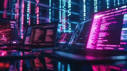 cyber security concept: open laptops with code and data