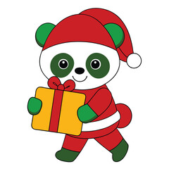 Wall Mural - Adorable Panda Holding Christmas Gift Box Vector.