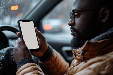 Unrecognizable Black Driver Guy Using Mobile Phone With Blank Screen Sitting In Automobile. Car Navigation App, Generative AI