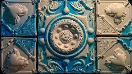 Wall Mural - A close-up of ornate blue and white tiles with intricate designs.