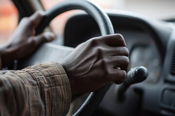 african man holding the steering wheel inside the car with two hands, generative ai