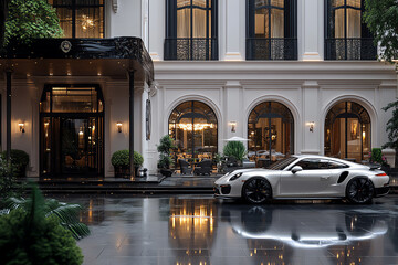 Luxury car parked in a stylish, modern hotel.