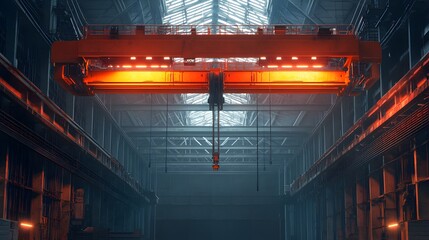 Illuminated Industrial Warehouse with Overhead Crane and Metal Beams