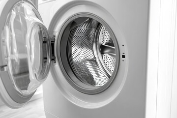 Modern white steel open washing machine close-up, Generative AI