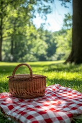 A cozy picnic setup with a woven basket on a red and white checkered blanket in a sunny park