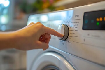 Close-up of a woman's hand adjusting a washing machine, Generative AI