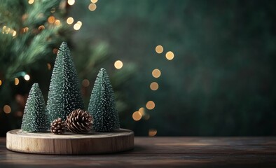 A festive display featuring miniature green trees and a circular platform on a dark backdrop