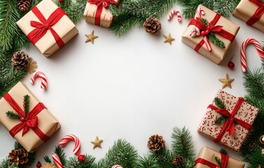 Colorful holiday gift boxes arranged with festive decorations on a light background