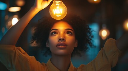 Person holding a glowing lightbulb above their head, with a thoughtful expression, in a modern office setting