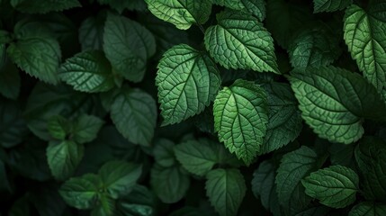 A collection of vibrant green leaves against a dark background