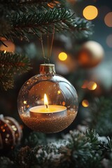 Wall Mural - A beautifully lit candle inside a glass ornament hanging on a festive Christmas tree