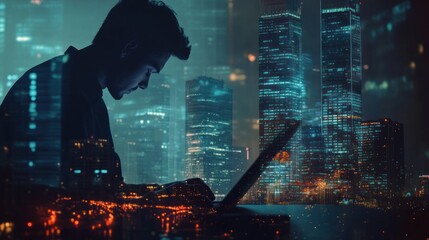 Man Working on Laptop with Cityscape Background