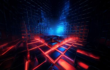 Wall Mural - a digital rendering of a dark room with a glowing blue light emanating from the back wall. the floor