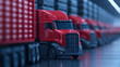 © Marketplace - A close-up view of red model trucks lined up in a warehouse setting. The image highlights the intricate details of the trucks against a blurred backdrop, showcasing their design.