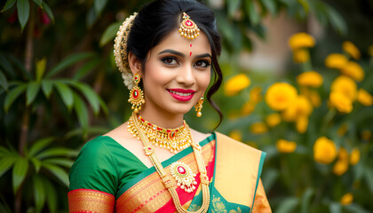 Beautiful Indian woman in traditional saree and jewelry