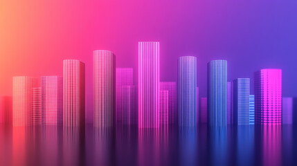 A vibrant city skyline featuring colorful skyscrapers with a reflective surface, set against a gradient background of pink and purple hues, creating a modern urban atmosphere.