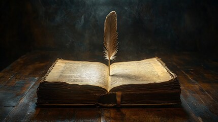 Wall Mural - dramatic scene with an old book on a wooden table a quill feather standing upright in the pages all 